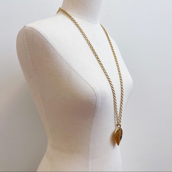 Gold Tone Rolo Chain Long Leaf Pendant Necklace - Picture 9 of 12
